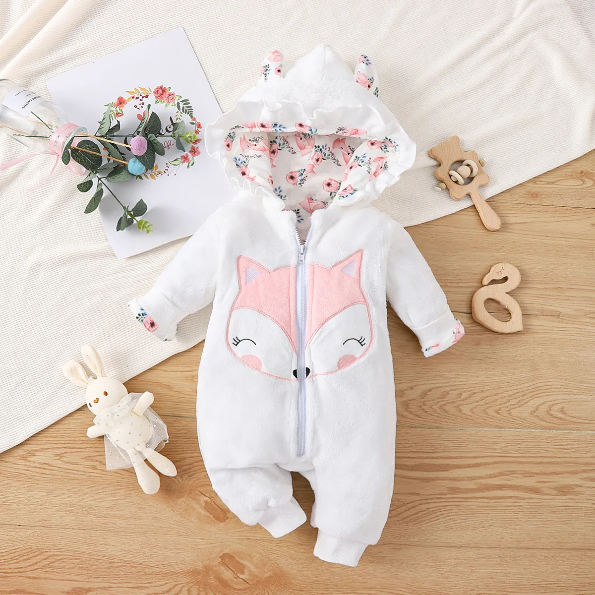Baby Girl Fox Embroidered 3D Ears Hooded Long-sleeve Thermal Fuzzy Jumpsuit White big image 1