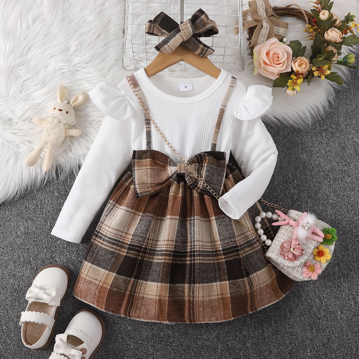 2pcs Toddler Girl Sweet Faux-two Bowknot Design Plaid Long-sleeve Dress And Headband