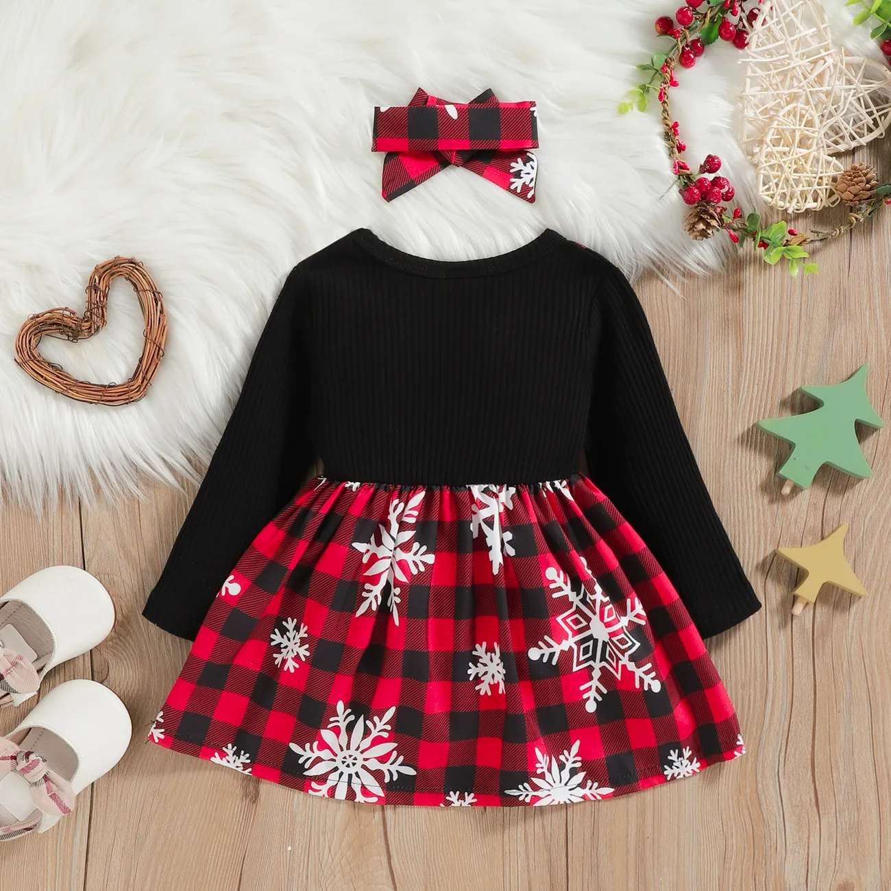 طفل فتاة عيد الميلاد فو اثنين bowknot تصميم لصق فستان طويل الأكمام أسود big image 1