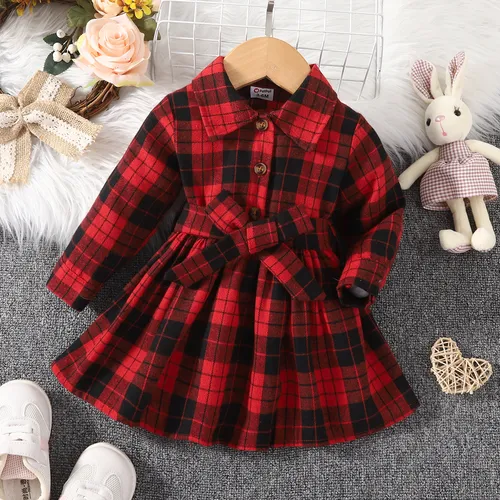 Baby Girl Red Plaid Long-sleeve Belted Button Dress