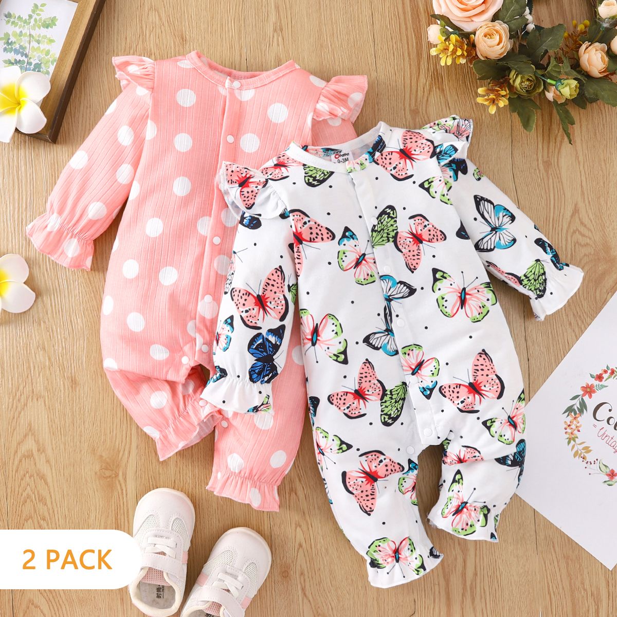 

2-Pack Baby Girl Allover Dots and Butterfly Print Ruffle Long-sleeve Jumpsuits Set
