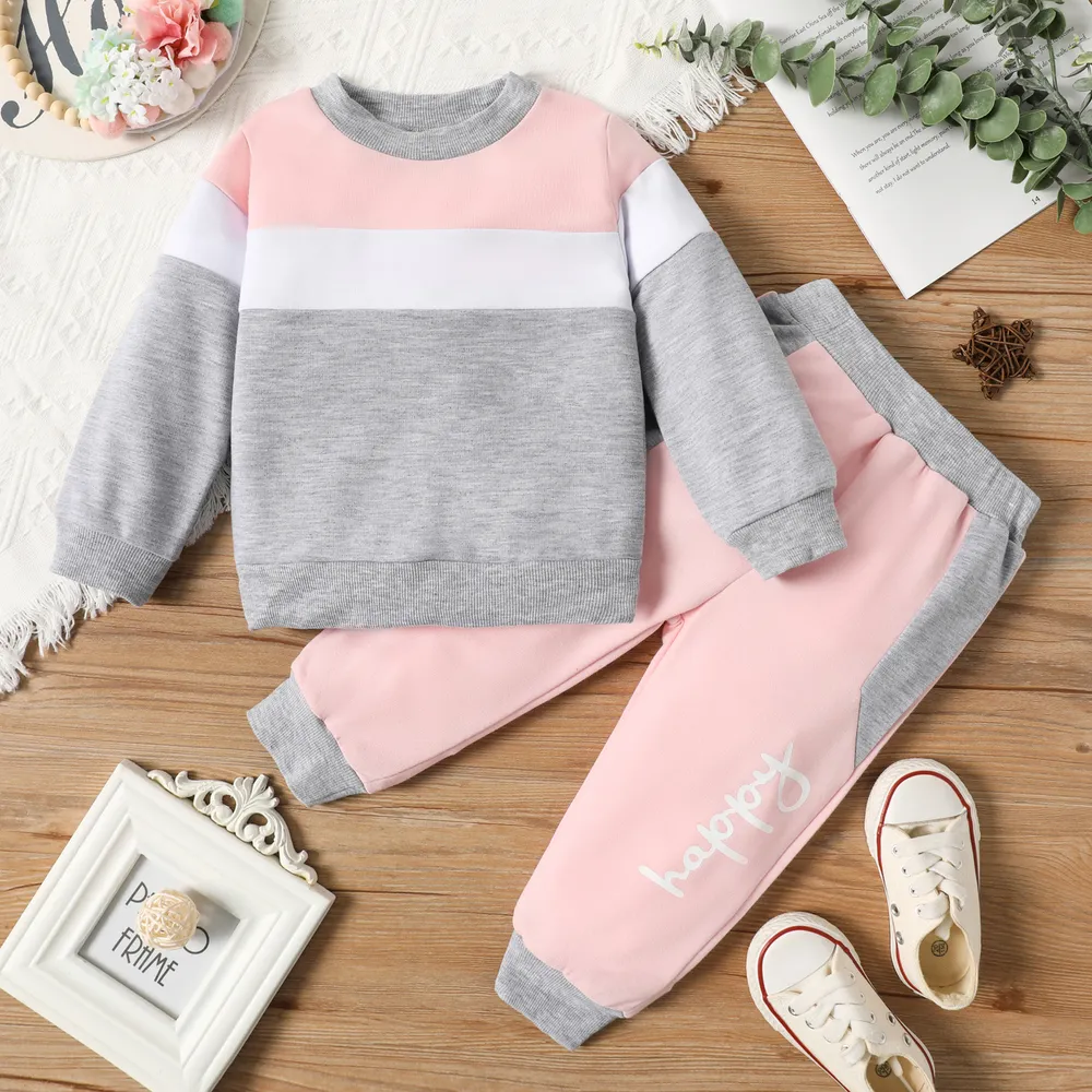 2pcs Toddler Girl Trendy Colorblock Sweatshirt and Elasticized Pants Set  big image 1
