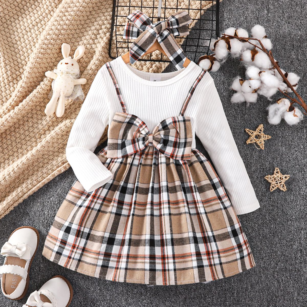 

2pcs Toddler Girl Classic Faux-two Plaid Ribbed Splice Dress and Headband