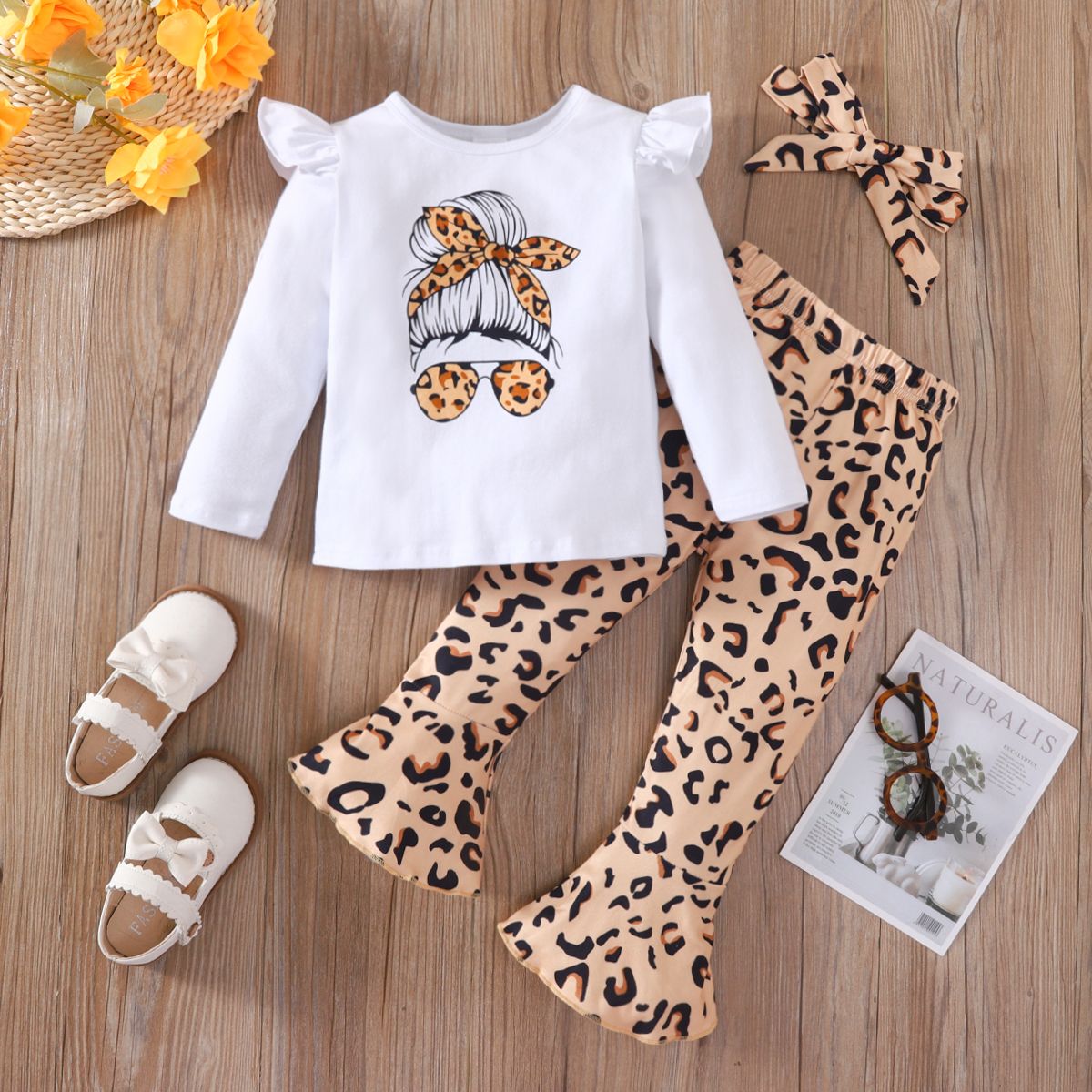 

3pcs Toddler Girl Figure Print Tee and Leopard Print Flared Pants & Headband Set