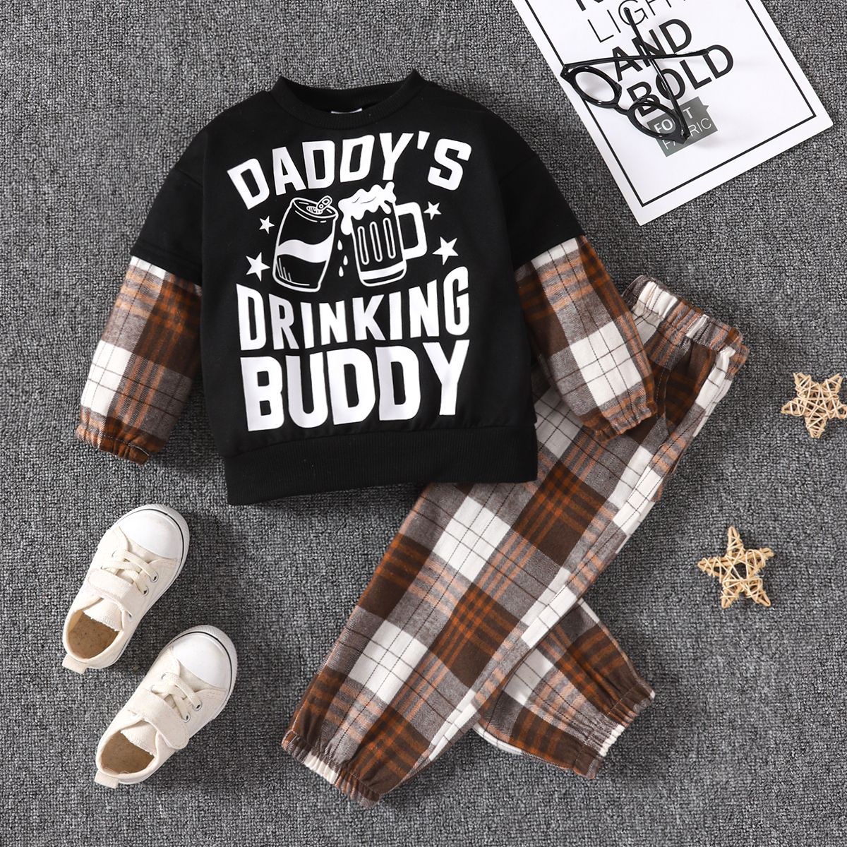 

2pcs Toddler Boy Trendy Faux-two Letter Print Tee and Plaid Pants Set