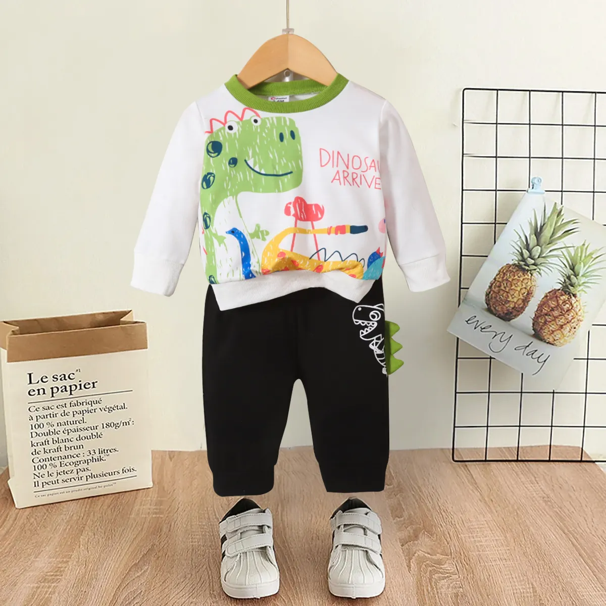 2 unidades Bebé Menino Hipertátil/3D Dinossauro Infantil Manga comprida Conjunto para bebé Preto/Branco big image 1