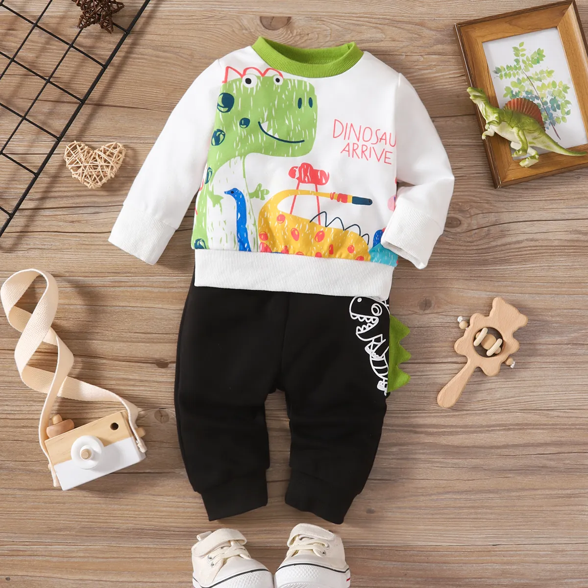 2 unidades Bebé Menino Hipertátil/3D Dinossauro Infantil Manga comprida Conjunto para bebé Preto/Branco image 3