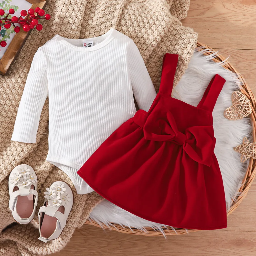 2pcs Baby Girl 95% Cotton Ribbed Long-sleeve Romper and Red Bow Front Overall Dress Set big image 2