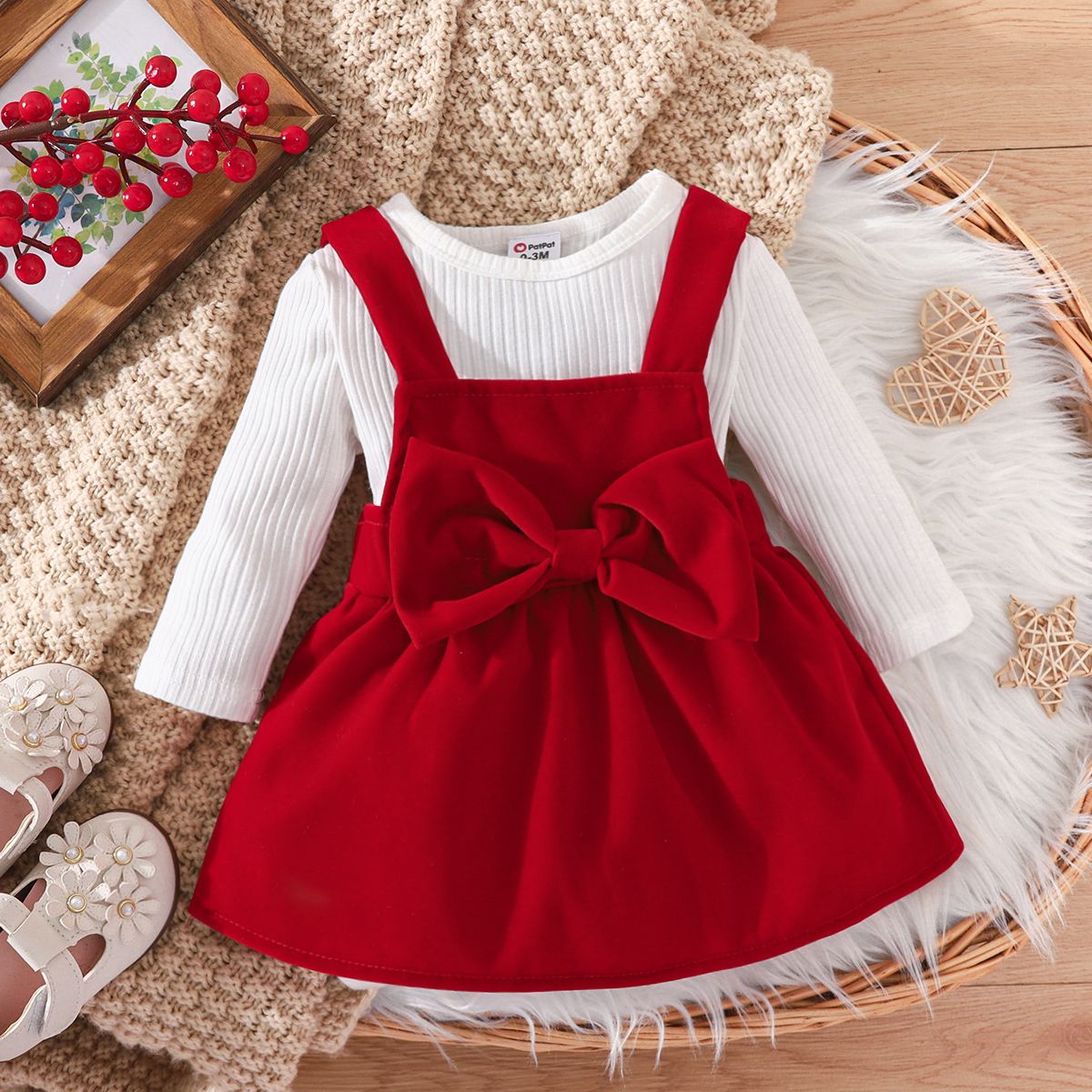 2pcs Baby Girl 95% Cotton Ribbed Long-sleeve Romper and Red Bow Front Overall Dress Set
