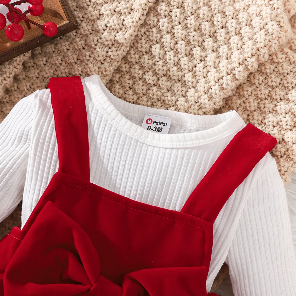 2pcs Baby Girl 95% Cotton Ribbed Long-sleeve Romper and Red Bow Front Overall Dress Set big image 4