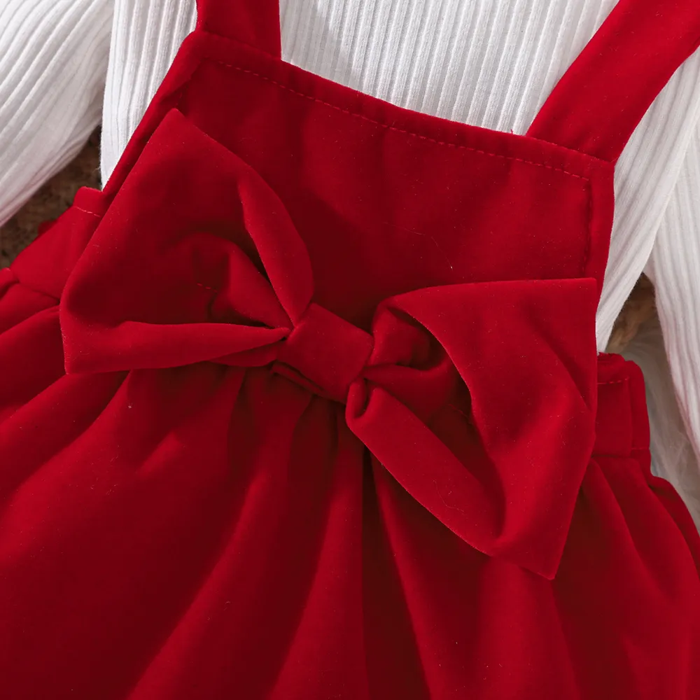 2pcs Baby Girl 95% Cotton Ribbed Long-sleeve Romper and Red Bow Front Overall Dress Set big image 5