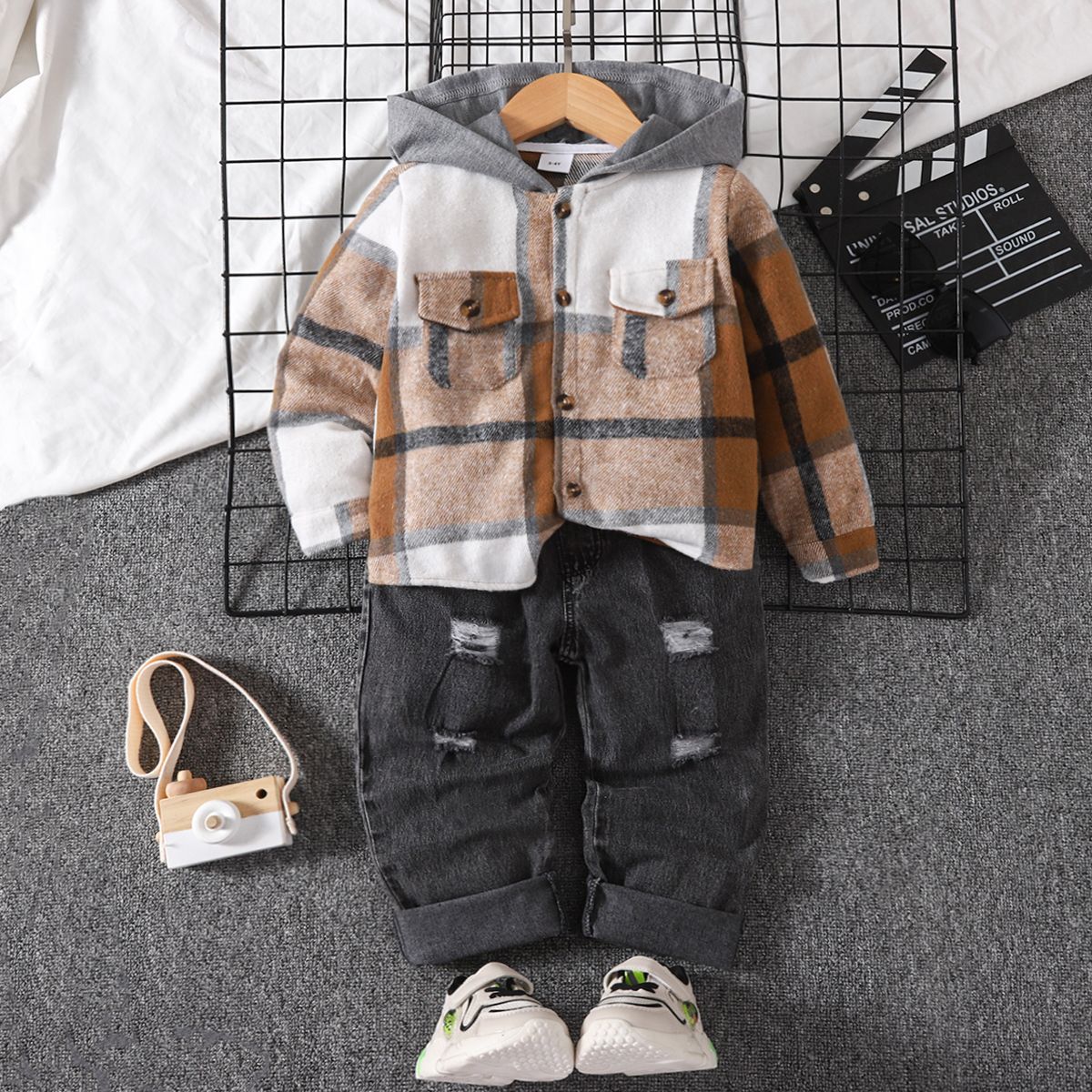 Toddler Boy Classic 2pcs Grid Hooded Shirt And Denim Ripped Jeans Set/ Socks/ Boots