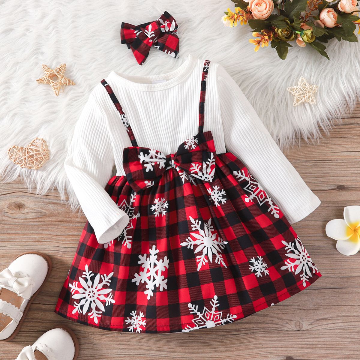 Toddler Girl Christmas Faux-two Bowknot Design Splice Long-sleeve Dress