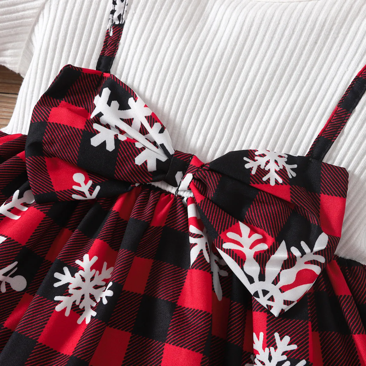 طفل فتاة عيد الميلاد فو اثنين bowknot تصميم لصق فستان طويل الأكمام أبيض big image 1