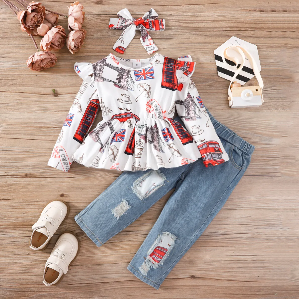 3pcs Toddler Girl Trendy Ripped Denim Jeans & Ruffled Peplum Tee and Headband Set White big image 1