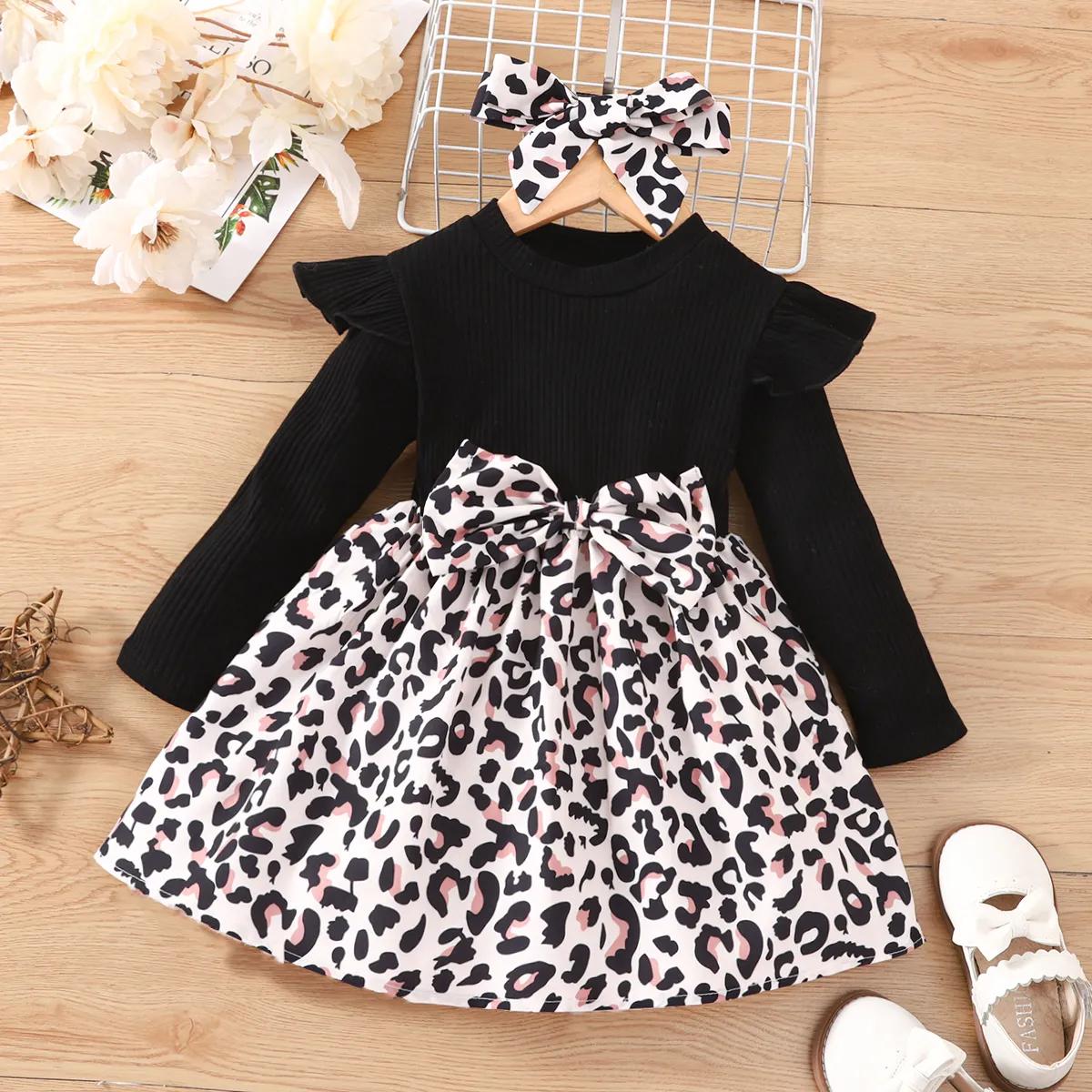 2pcs Toddler Girl Sweet Leopard Print Ribbed Splice Bows Design Dress and Headband Black big image 1