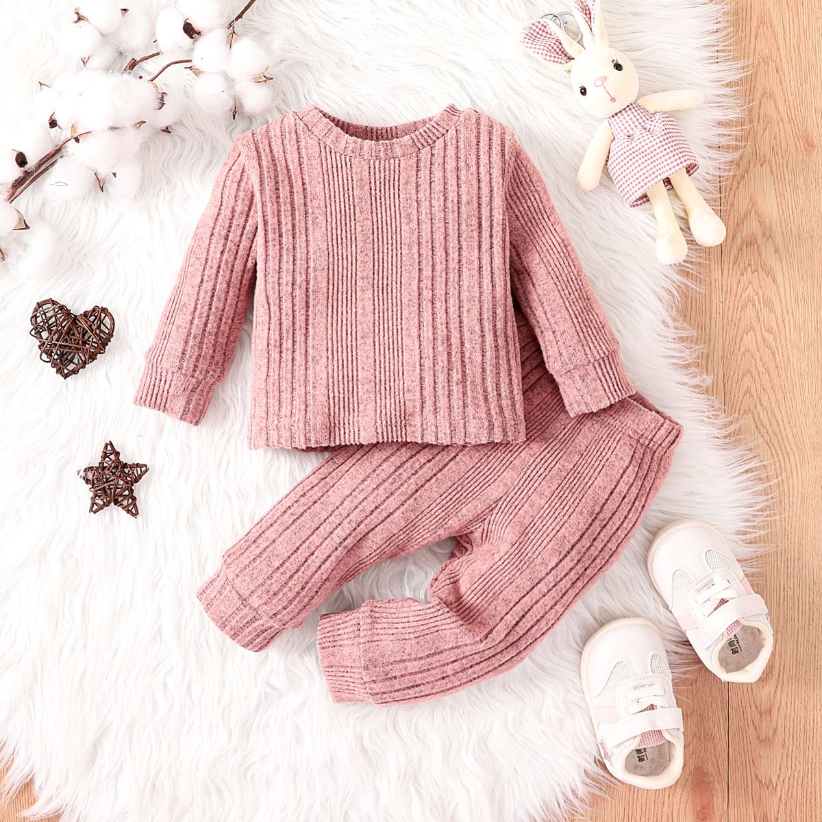 

2pcs Baby Boy/Girl Pink Rib Knit Long-sleeve Set