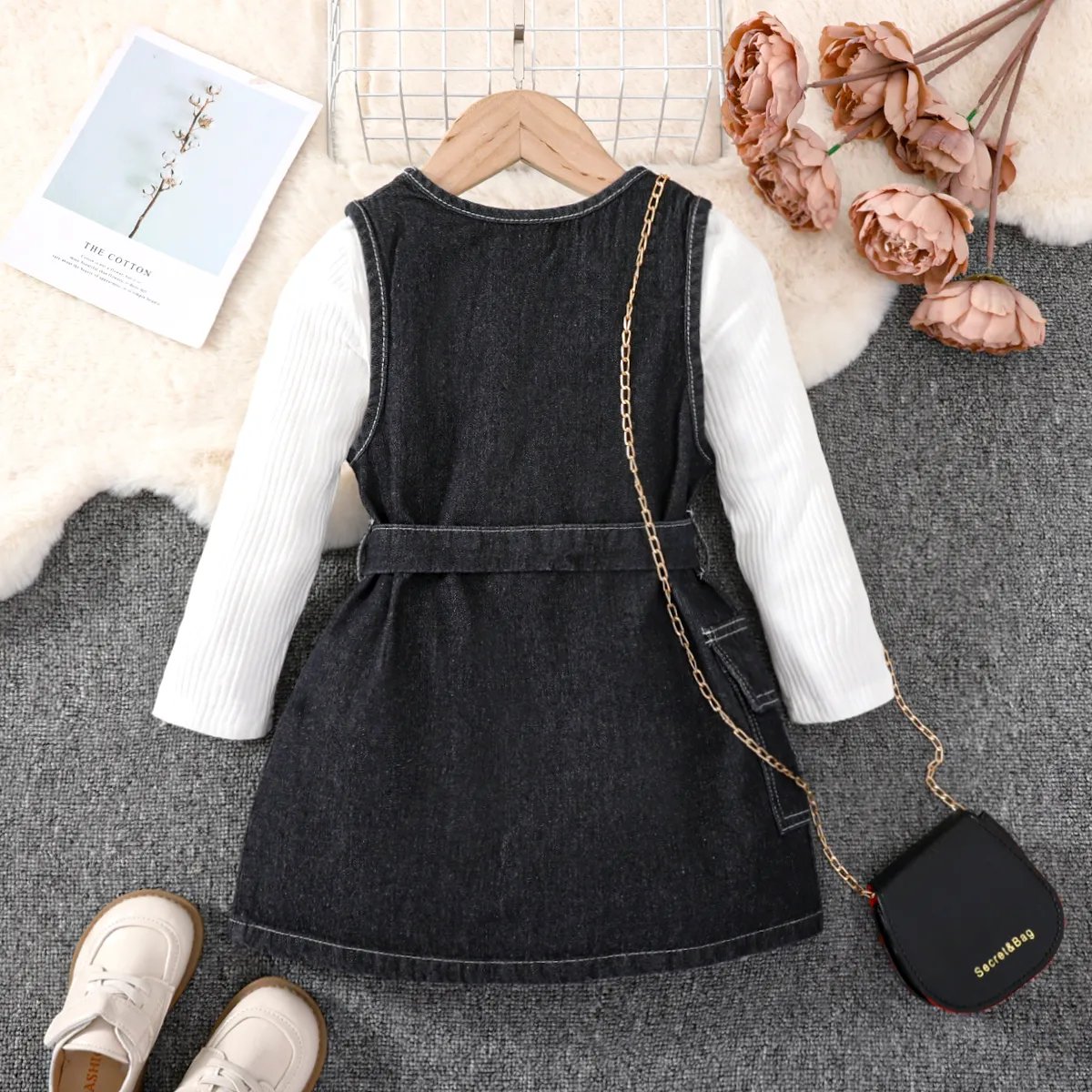 2pcs Toddler Girl Long-sleeve Ribbed White Tee and Button Design Belted Denim Dress Set Black big image 1