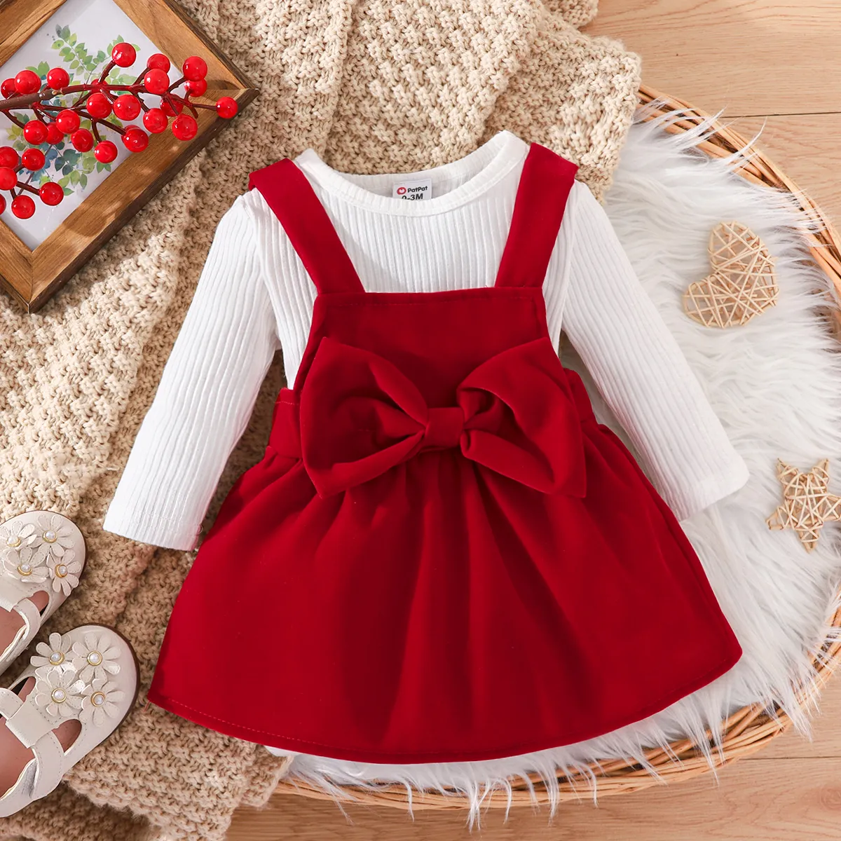 2pcs Baby Girl 95% Cotton Ribbed Long-sleeve Romper and Red Bow Front Overall Dress Set