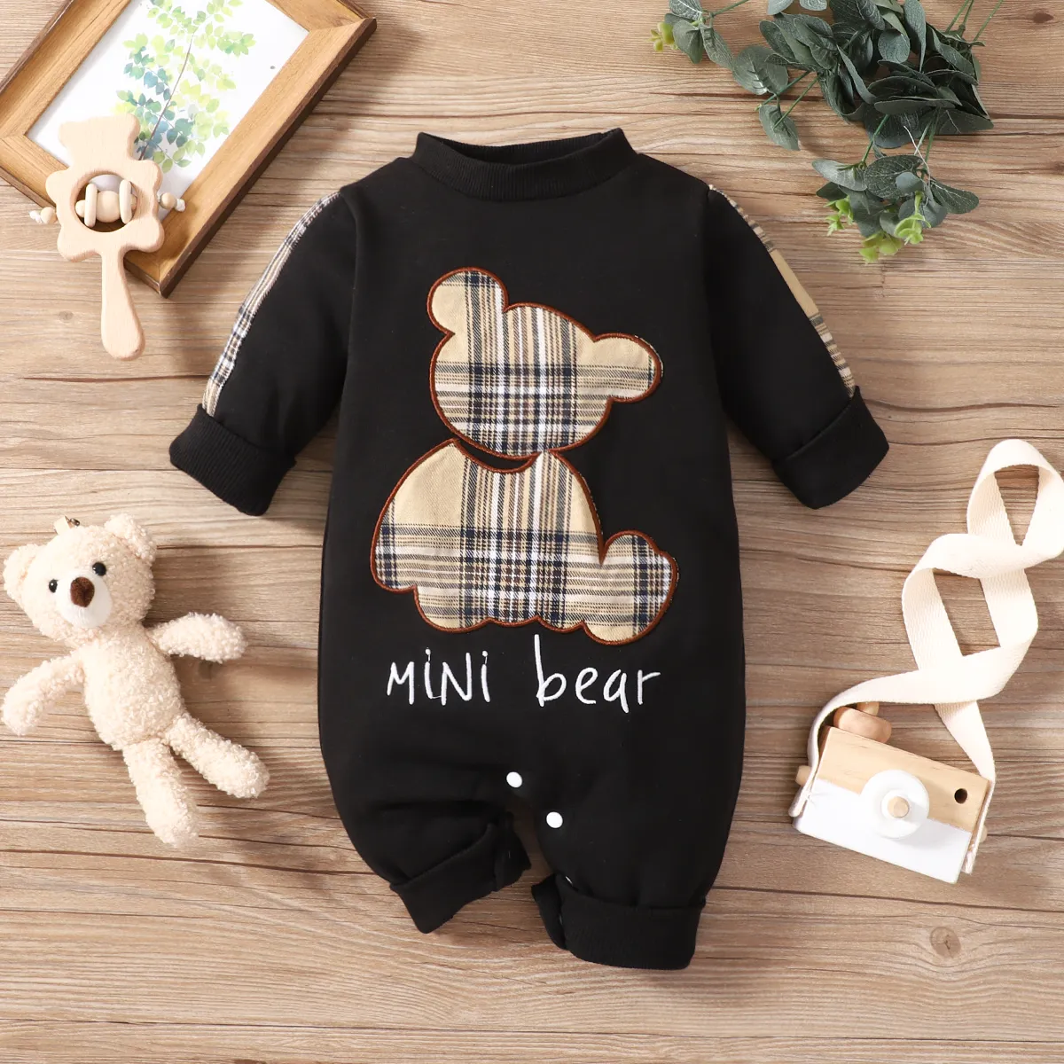 Baby Boy/Girl Plaid Bear & Letter Embroidered Long-sleeve Jumpsuit Black big image 1