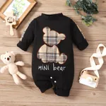 Baby Boy/Girl Plaid Bear & Letter Embroidered Long-sleeve Jumpsuit Black