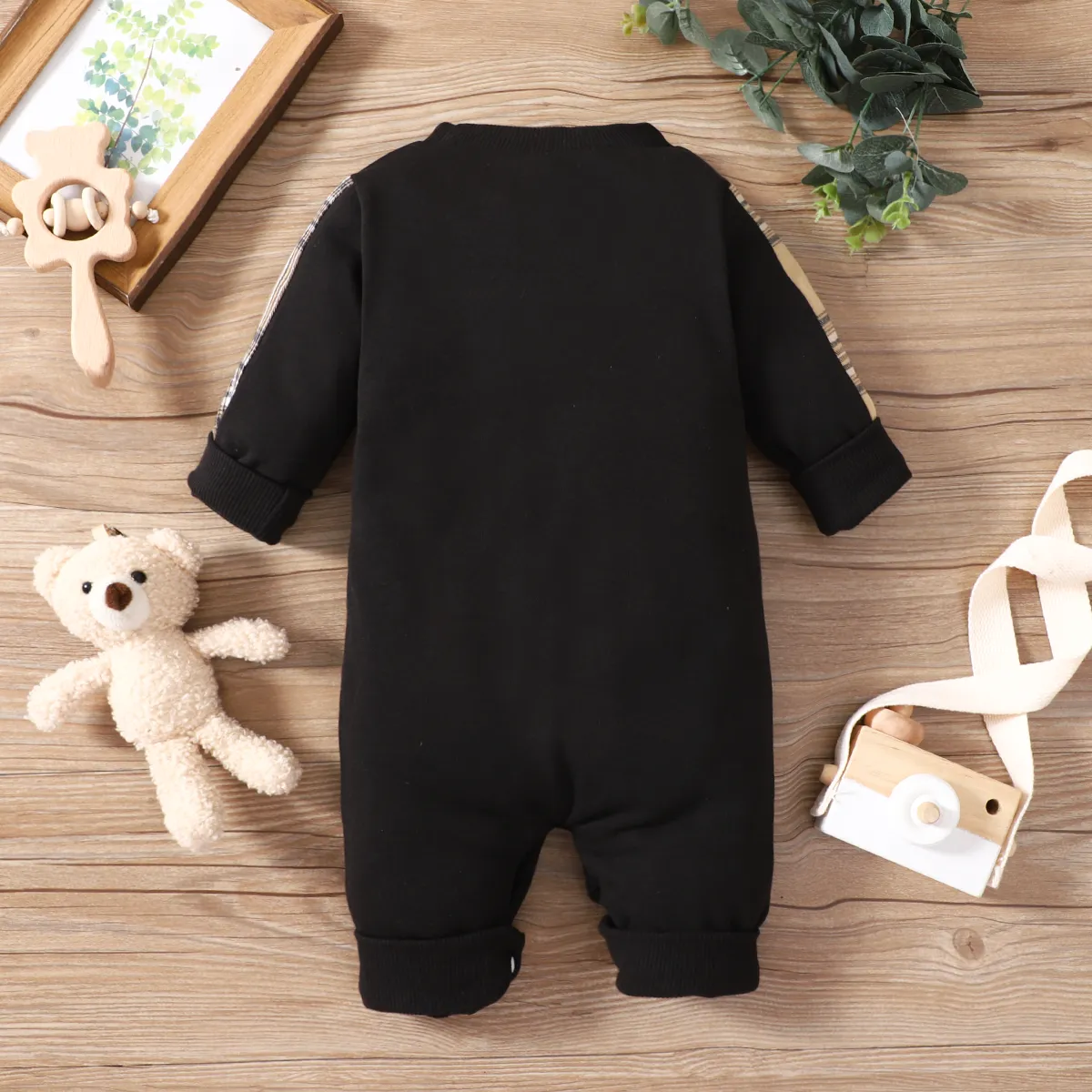 Bebé Unissexo Costuras de tecido Urso Infantil Manga comprida Macacão Preto big image 1