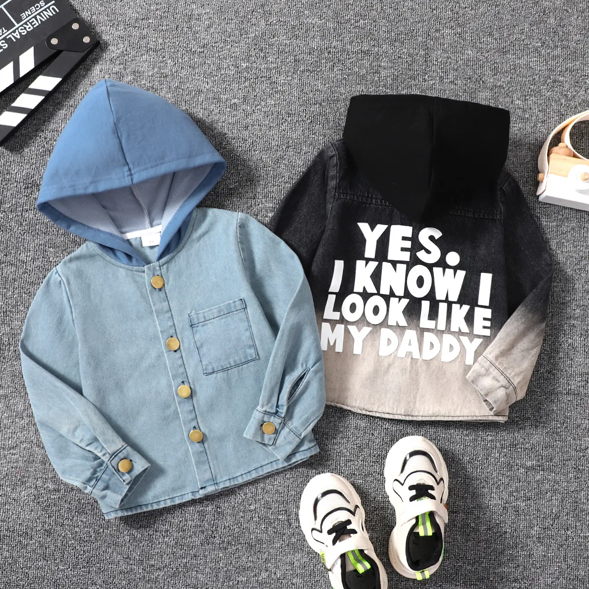 Toddler Boy Trendy Letter Print Denim Hooded Jacket Blue big image 1