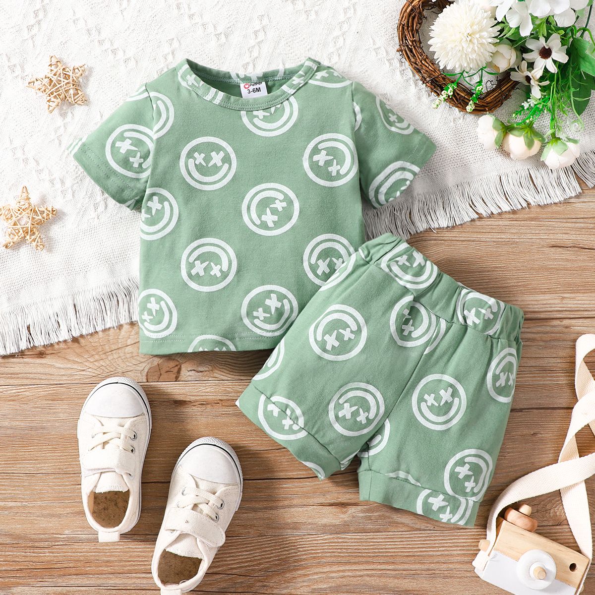2pcs Baby Boy/Girl 95% Cotton Short-sleeve Allover Print Tee & Shorts Set