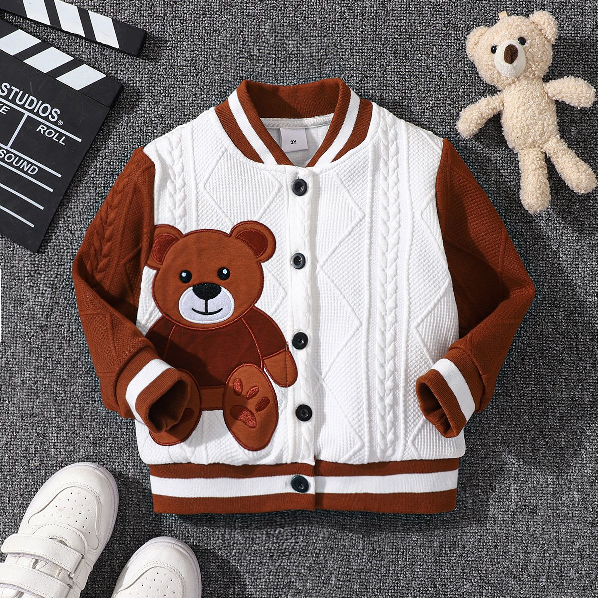 

Toddler Boy/Girl Playful Bear Embroidered Textured Bomber Jacket