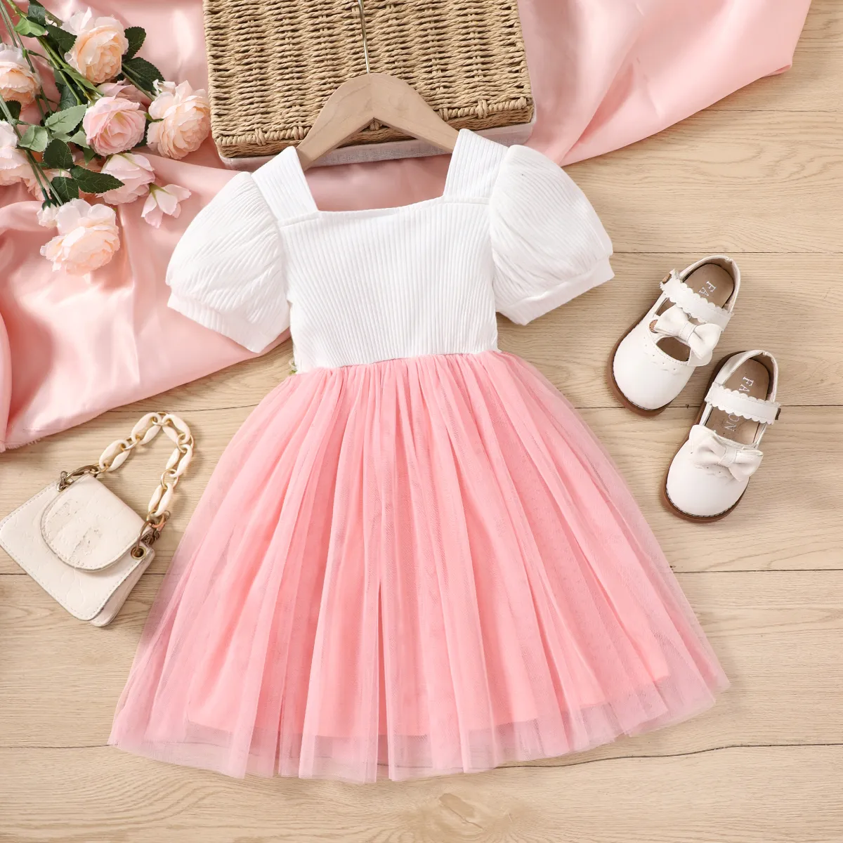 Toddler Girl Sweet Floral Design Mesh Splice Puff-sleeve Dress PinkyWhite big image 1