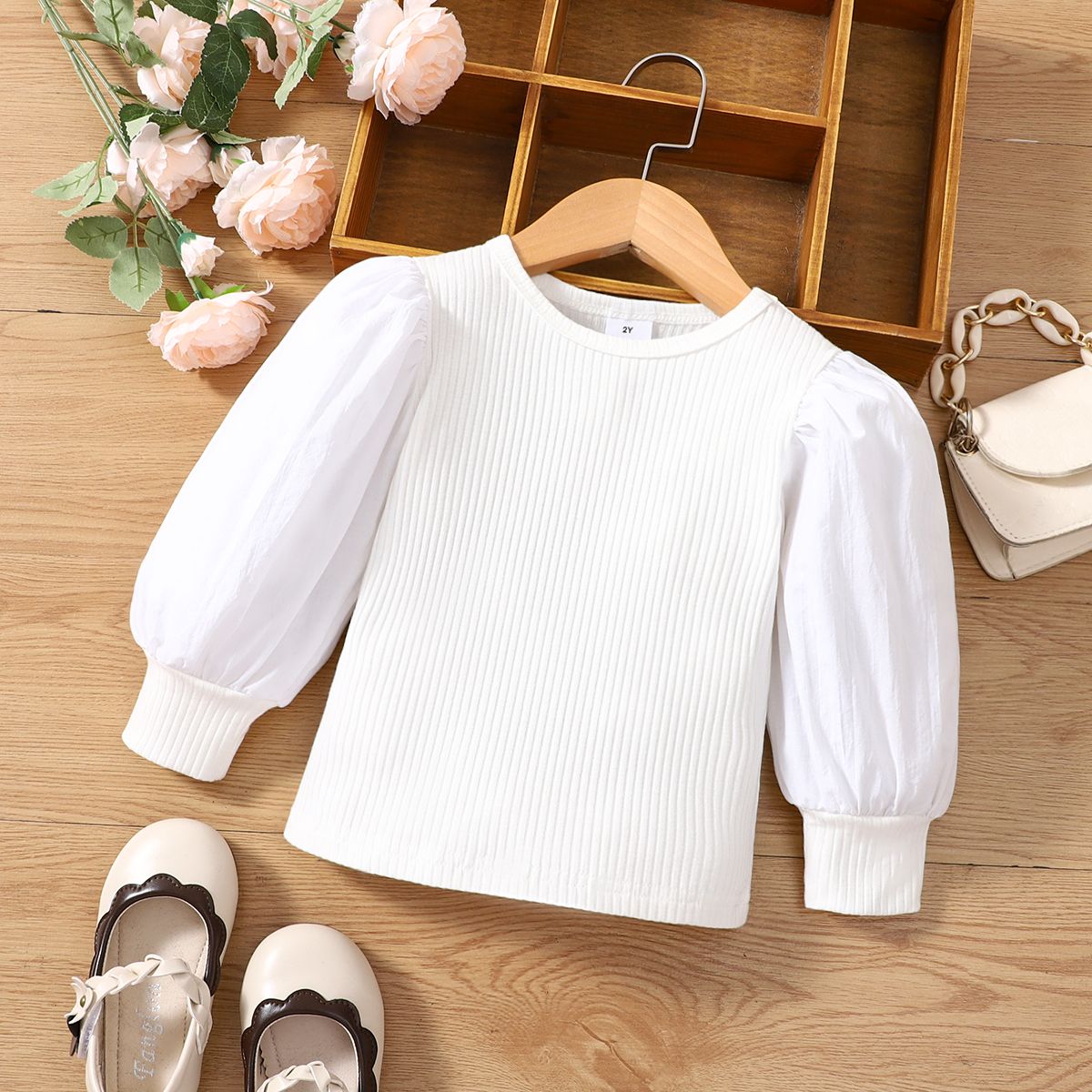 

Toddler Girl Basic Cotton Ribbed Long Puff-sleeve Tee
