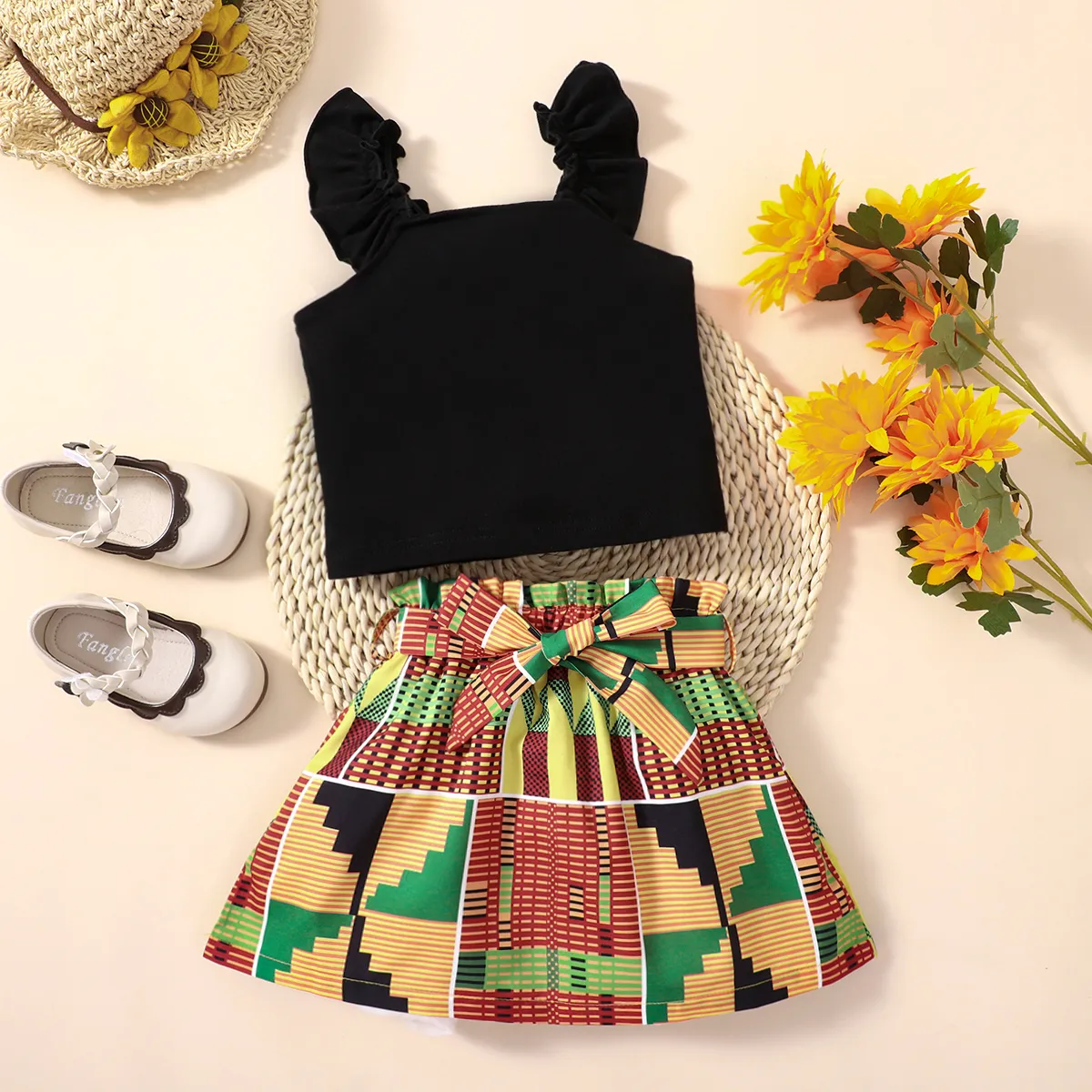 

3pcs Toddler Girl Boho Ruffled Camisole and Exotic Skirt & Belt Set