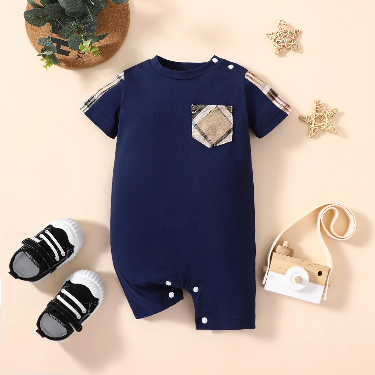 Baby Boy 95% Cotton Plaid Spliced Short-sleeve Romper Blue big image 1
