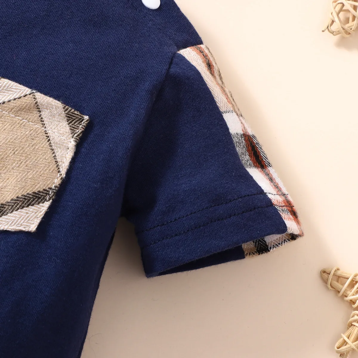 Baby Boy 95% Cotton Plaid Spliced Short-sleeve Romper Blue image 5
