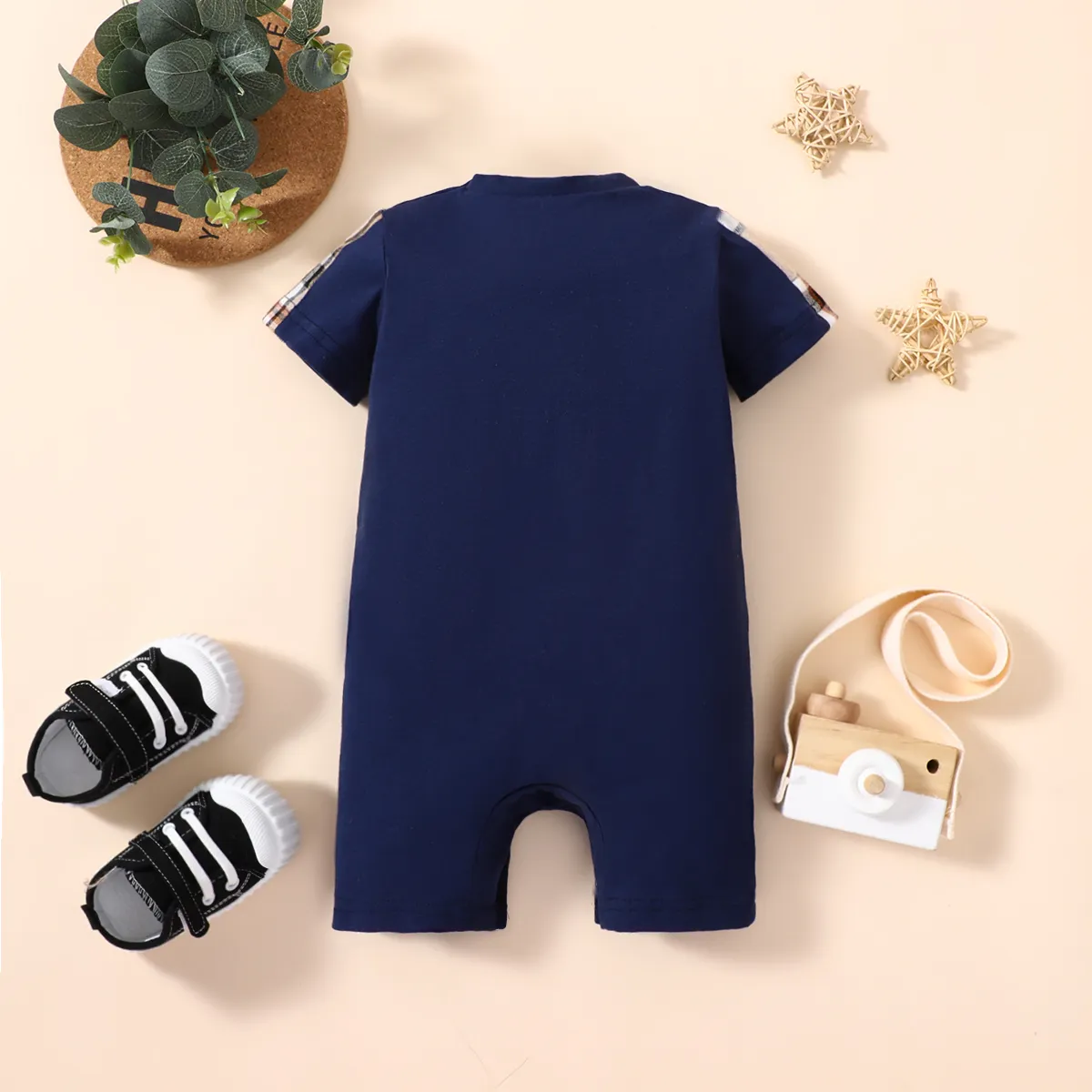 Baby Boy 95% Cotton Plaid Spliced Short-sleeve Romper Blue image 2