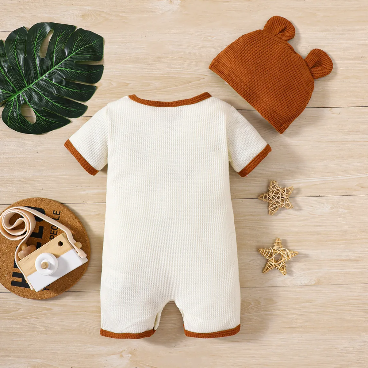 2pcs Baby Boy Letter Embroidered Waffled Textured Short-sleeve Jumpsuit & Hat Set Beige big image 1