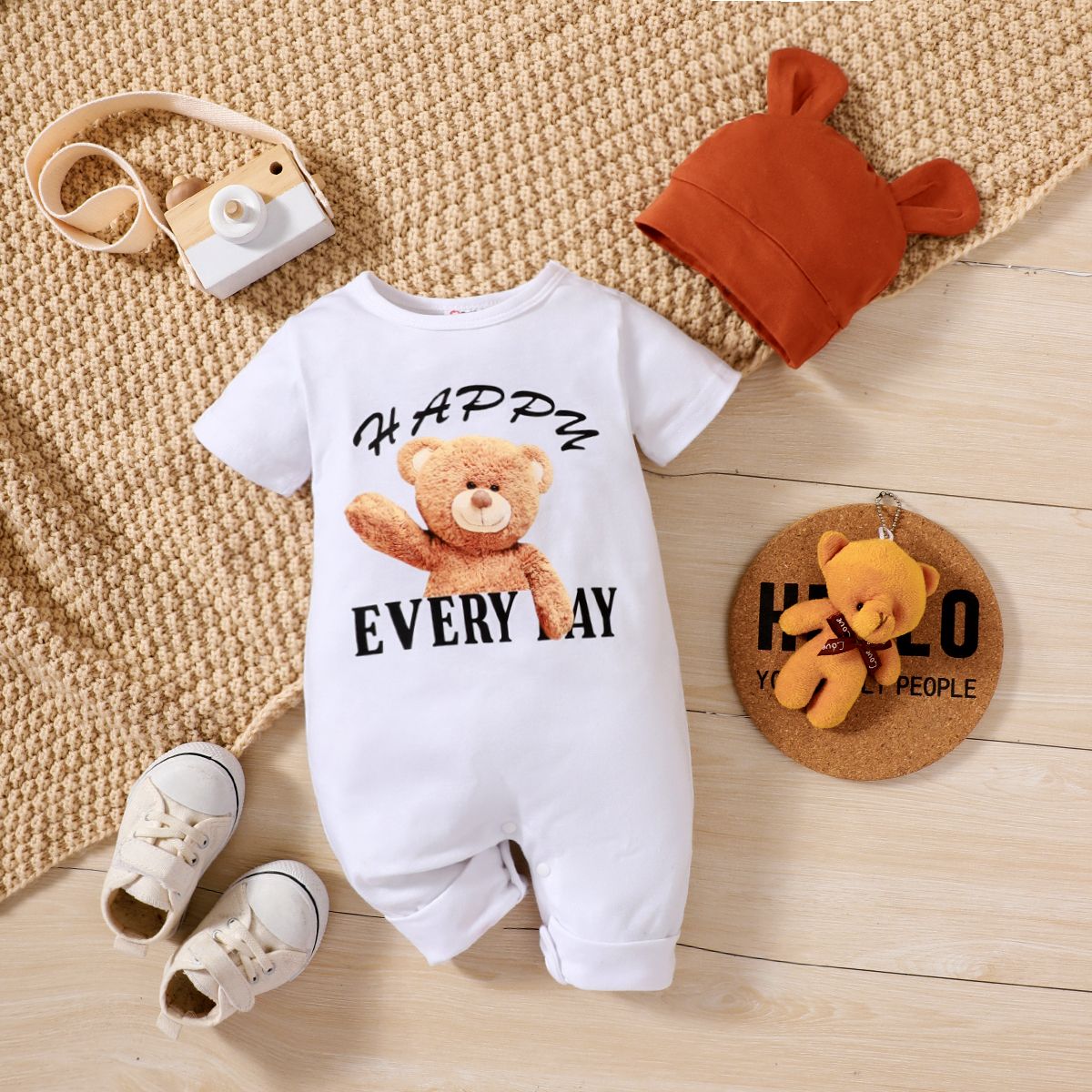 

2pcs Baby Boy/Girl Bear & Letter Print Short-sleeve Jumpsuit and 3D Ears Hat Set