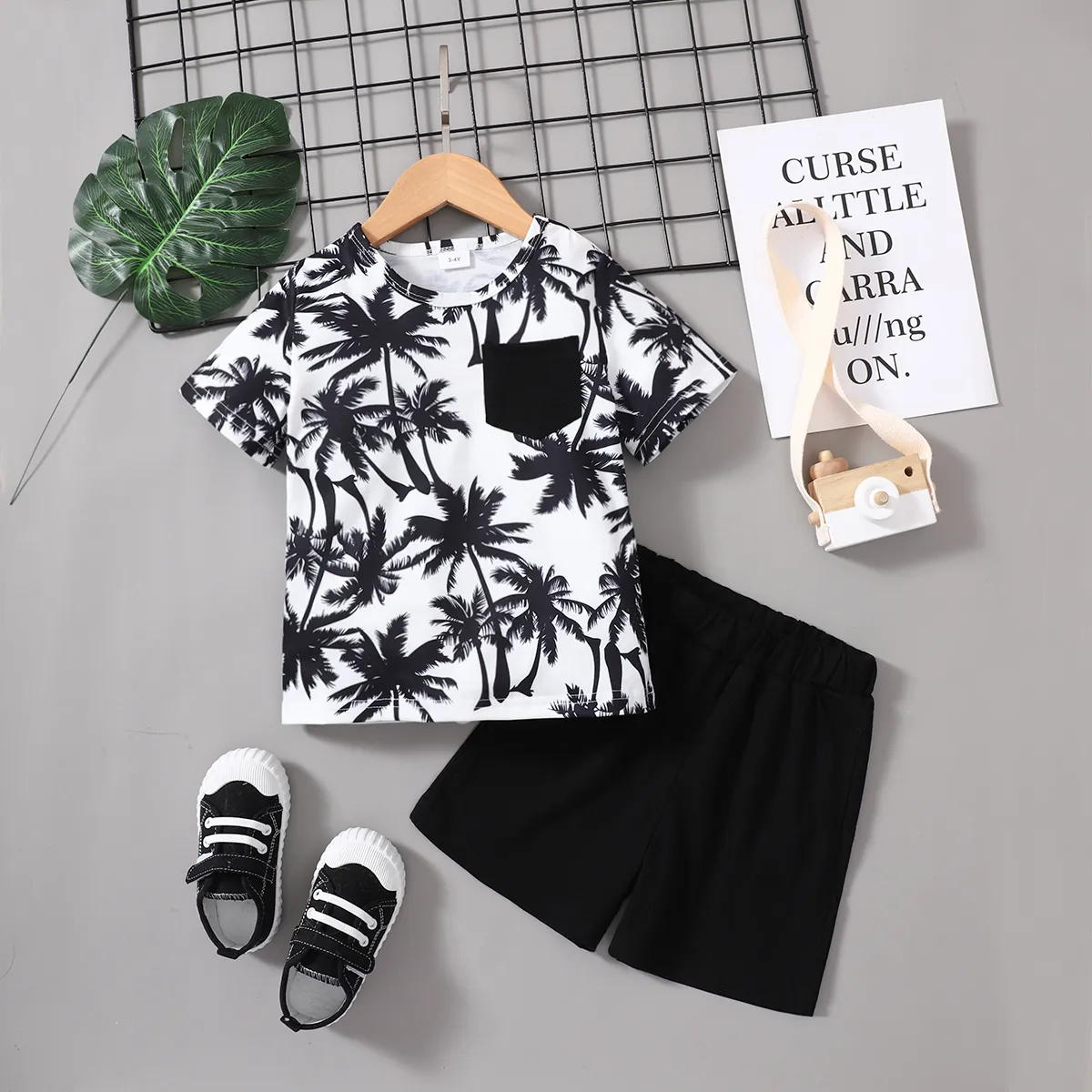 2pcs Toddler Boy Casual Floral Tree Print Tee and Short Set  big image 1