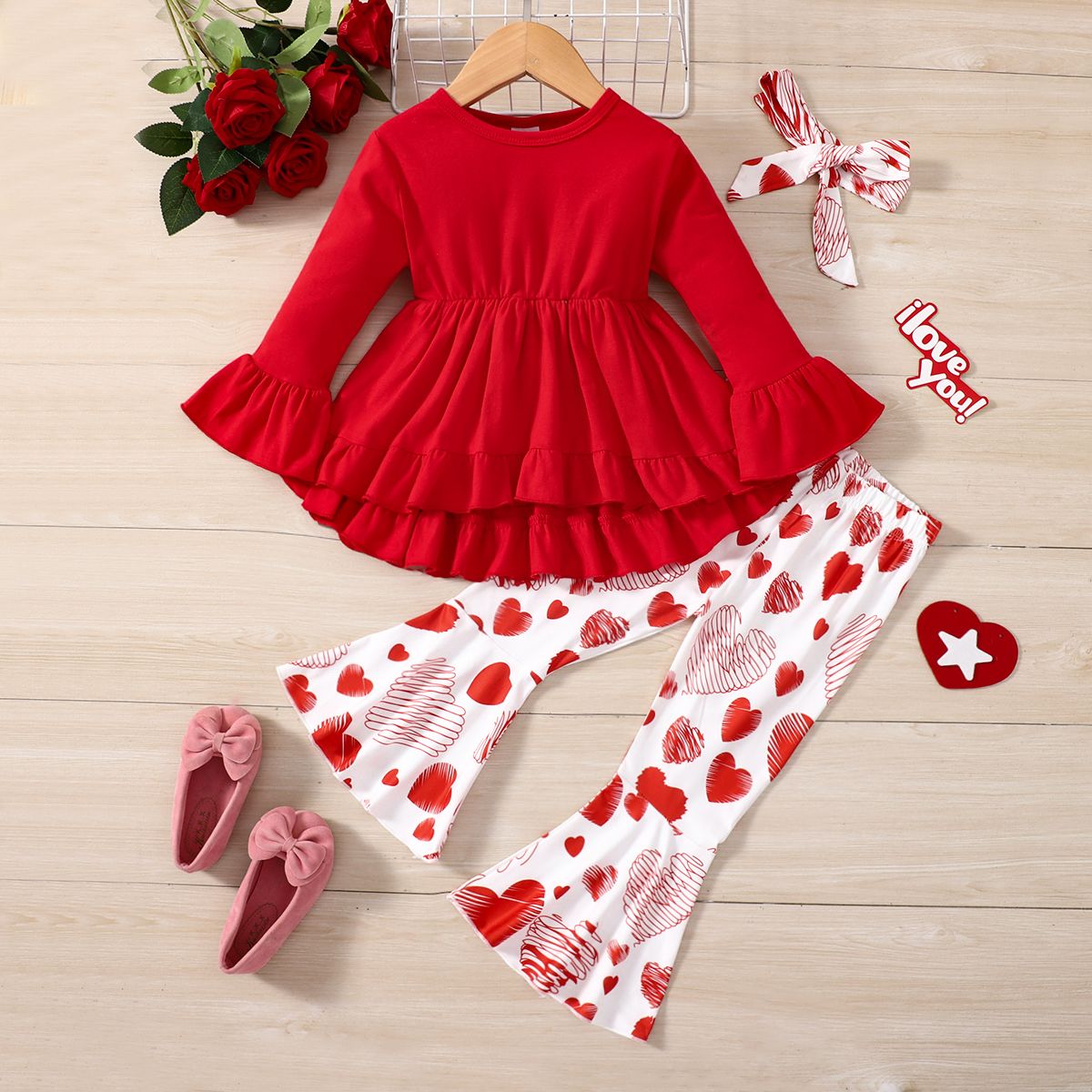 

3pcs Toddler Girl Ruffle Tee and Heart Print Flared Pants & Headband Set