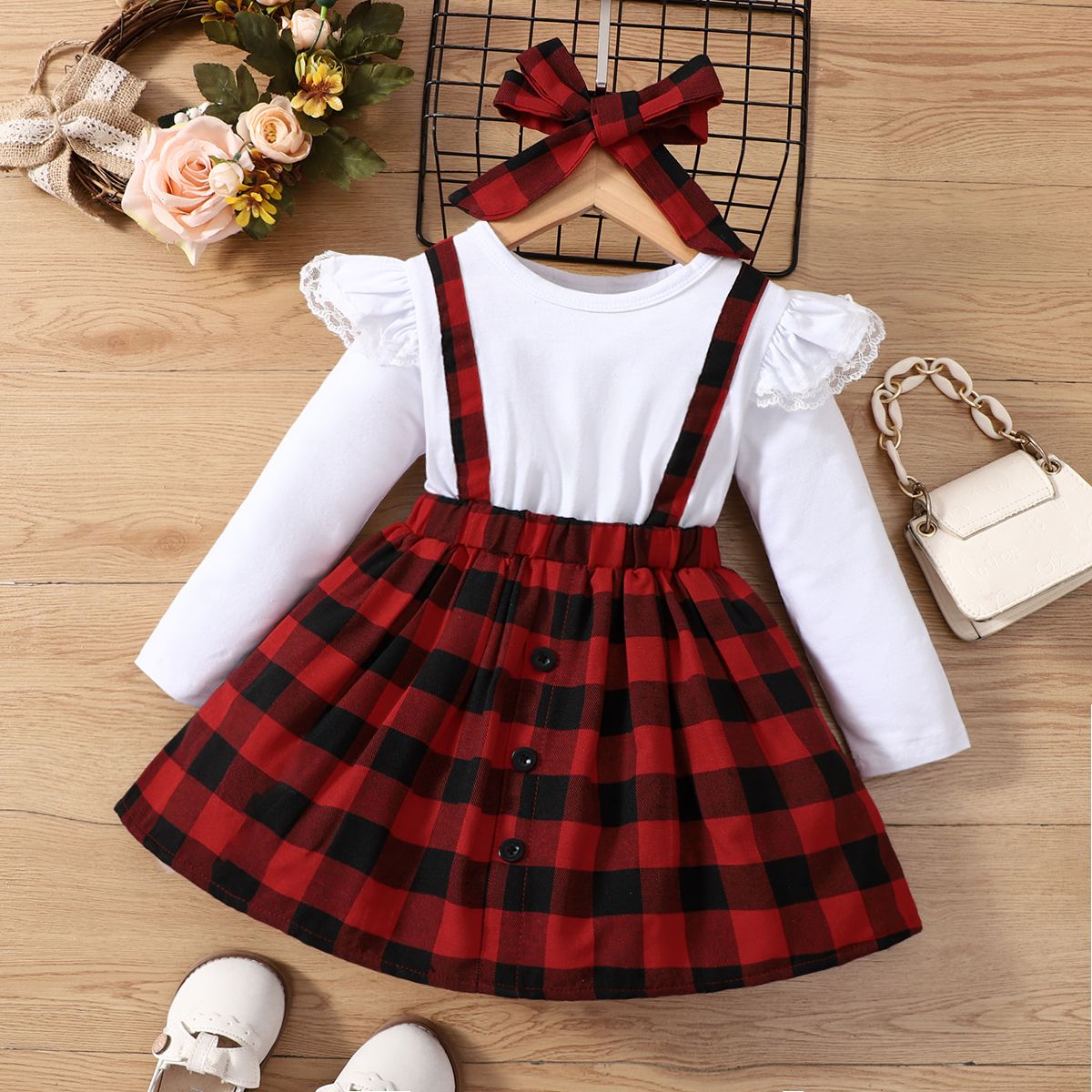 

2pcs Toddler Girl Preppy style Faux-two Plaid Splice Dress & Headband