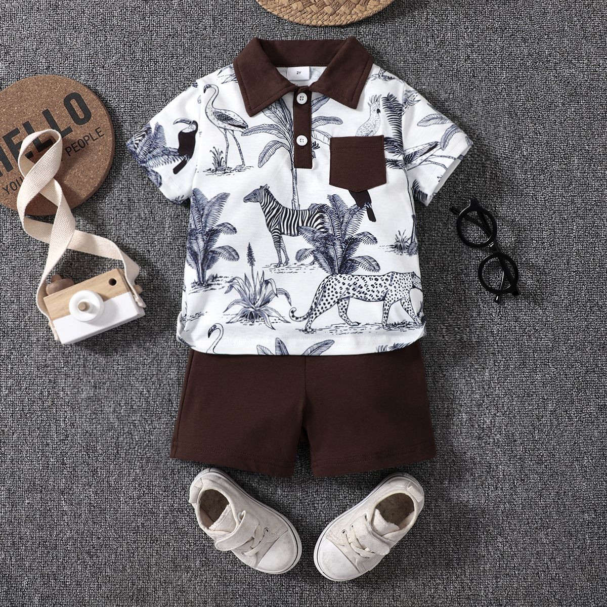 

2pcs Toddler Boy Playful Animal Print Polo Collar Tee and Shorts Set