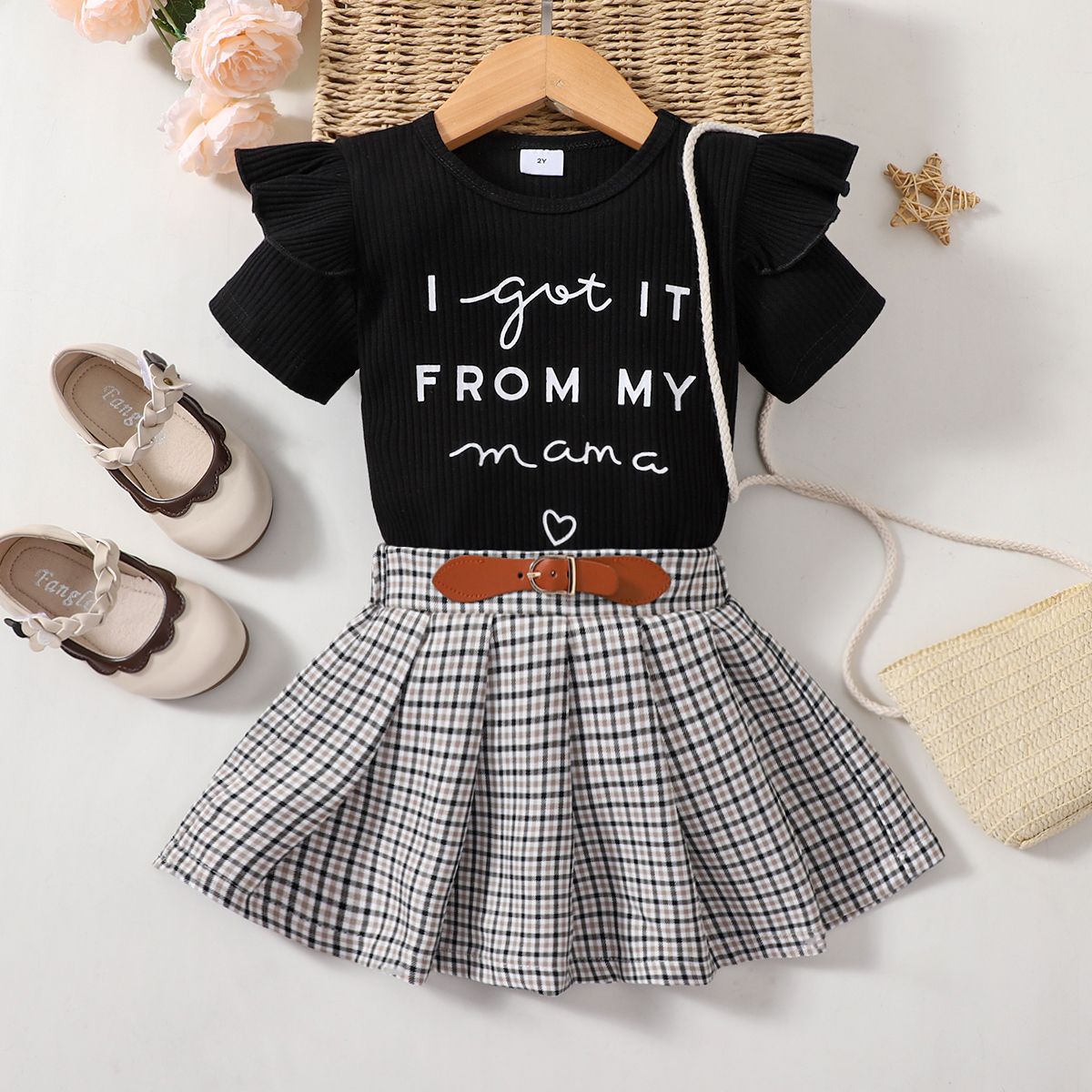 

2pcs Toddler Girl Sweet Letter Print Ribbed Tee and Plaid Pleated Skirt Set