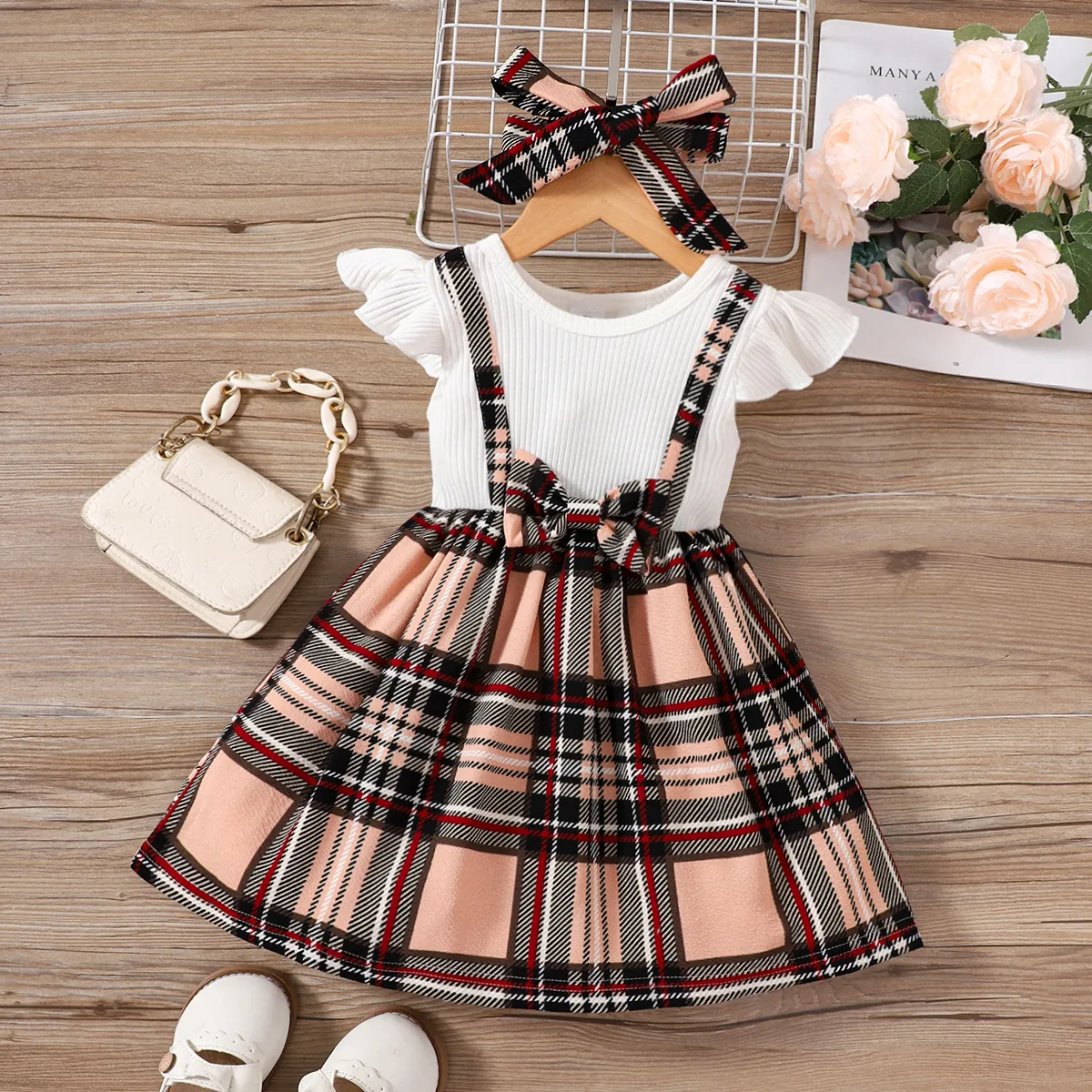 

Toddler Girl Classic Plaid Splice Flutter-sleeve Dress