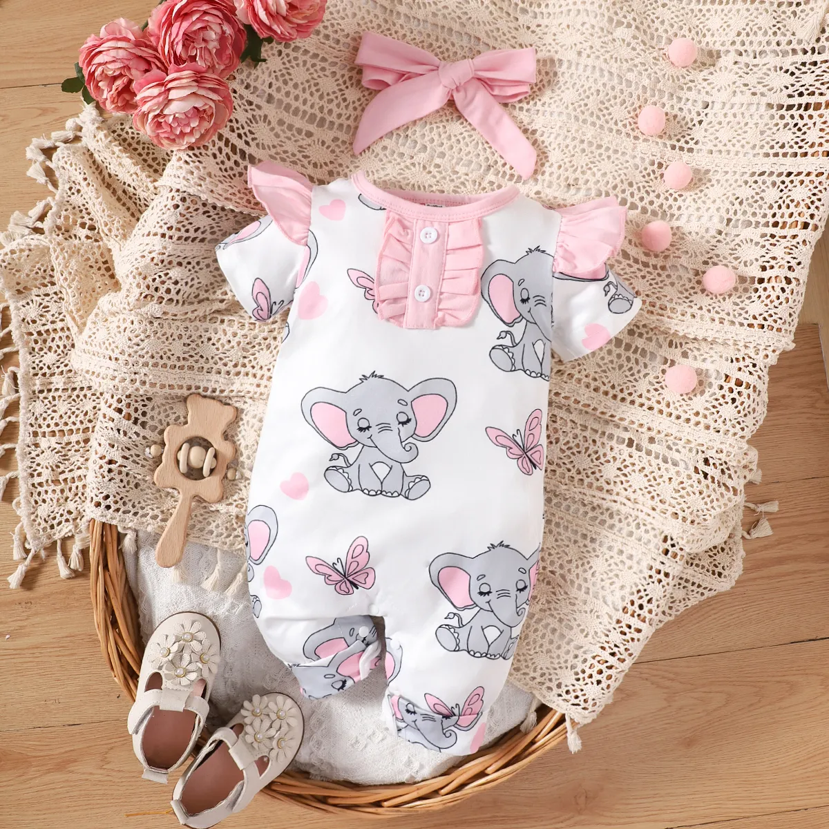 

2pcs Baby Girl Allover Elephant Print Flutter-sleeve Jumpsuit & Headband Set