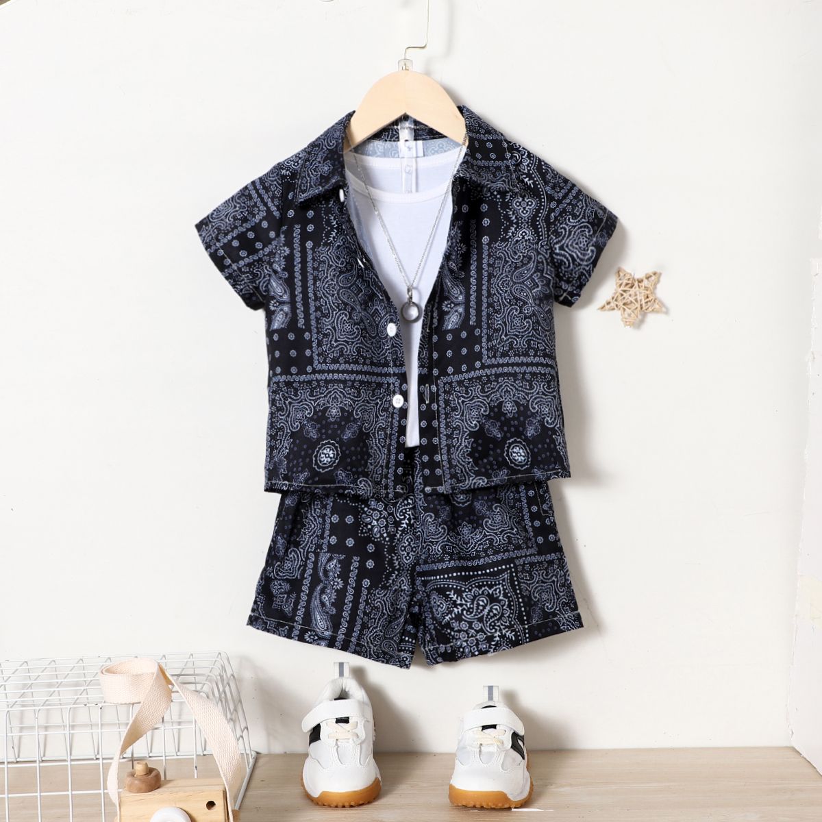 

2pcs Toddler Boy Boho Exotic Lapel Collar Shirt and Shorts Set