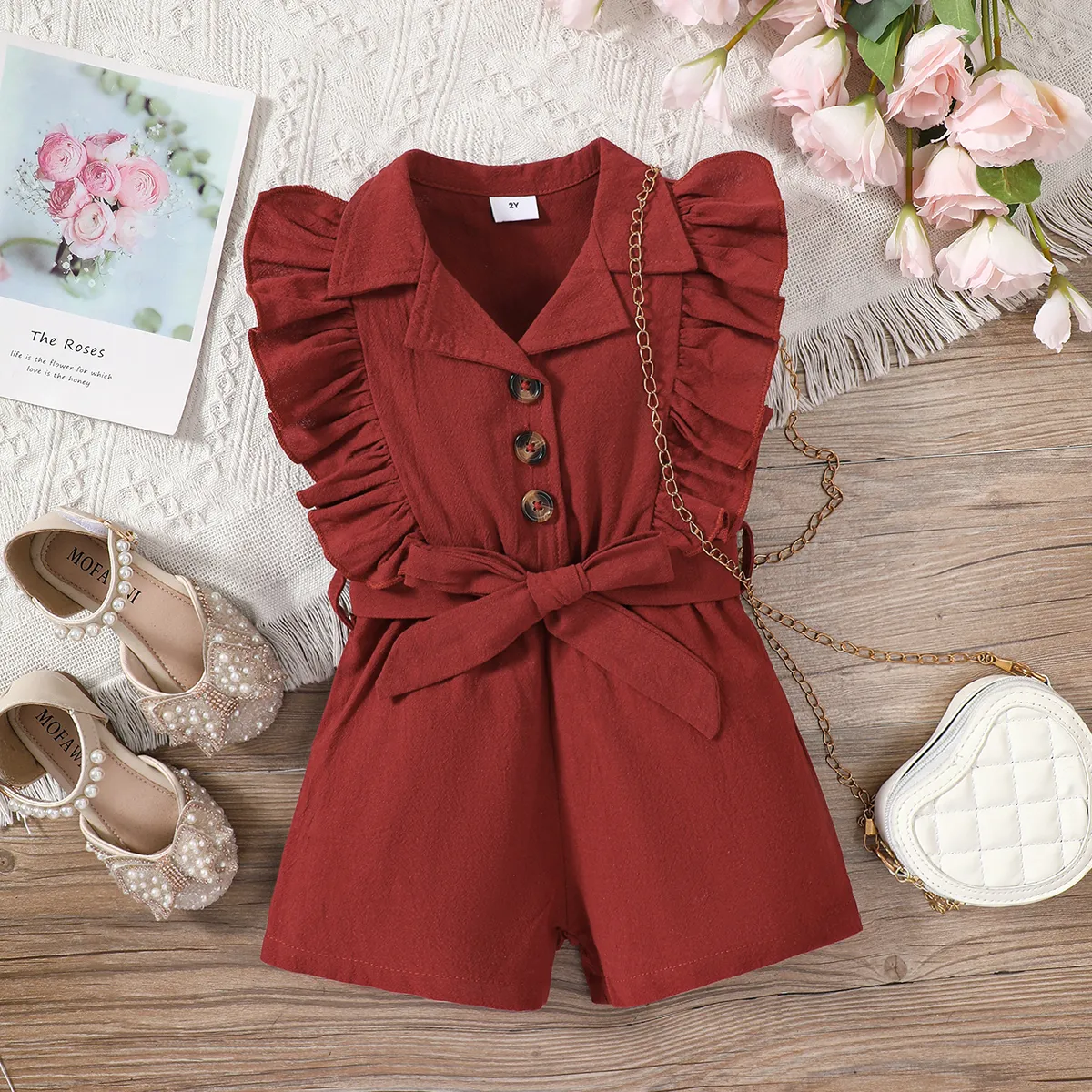 Toddler Girl 100% Cotton Belted Ruffled Red Shirt Romper