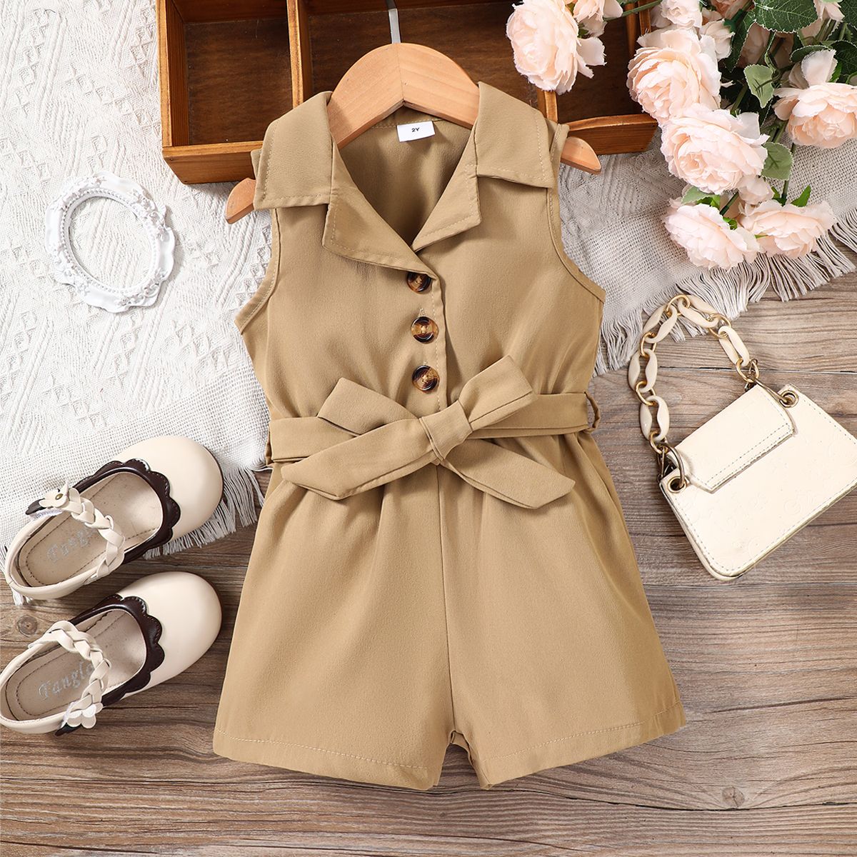 Toddler Girl Preppy style Solid Belted Shirt Romper
