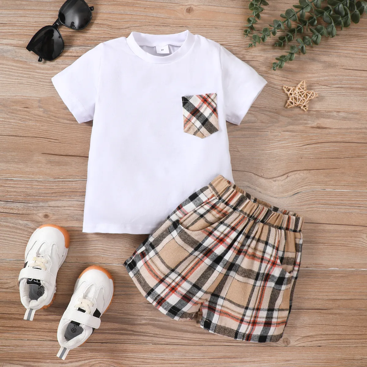 2 unidades Criança Menino Bolso cosido Clássico conjuntos de camisetas Branco