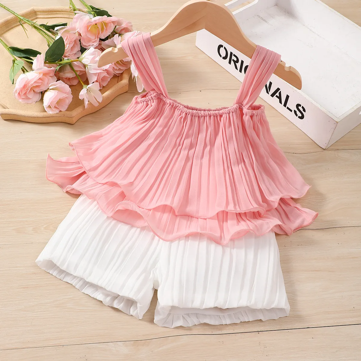 2pcs Toddler Girl Elegant Pleated Camisole and Shorts Set Light Pink big image 1