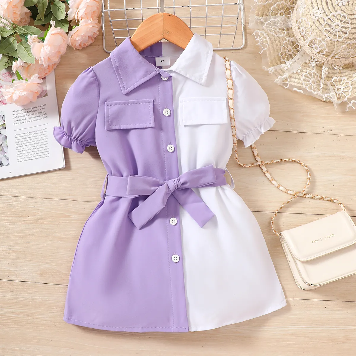 Toddler Girl Elegant Lapel Collar Colorblock Belted Dress